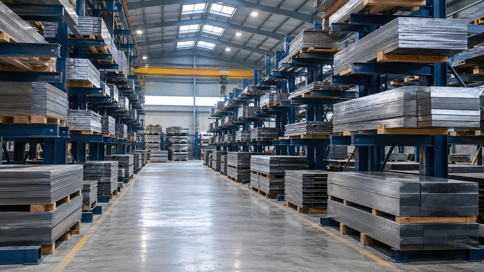 Steel plates stored on racks in a warehouse