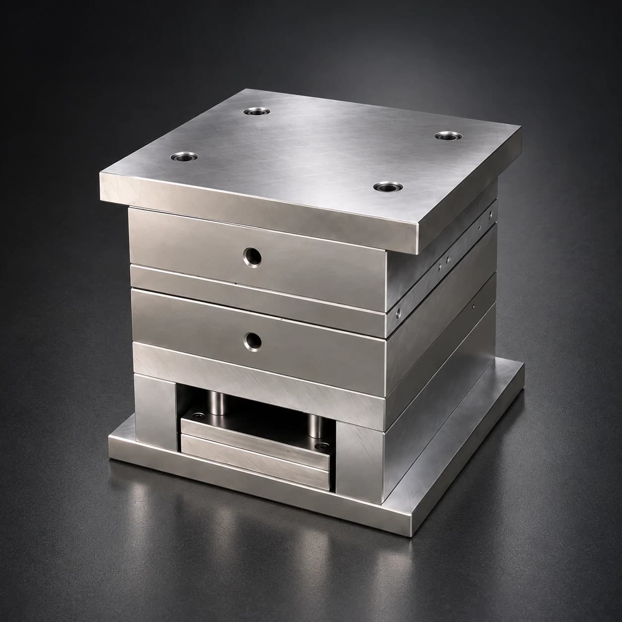 Finished steel mold base with aligned working plates, risers and a lower ejector assembly on a dark graphite floor