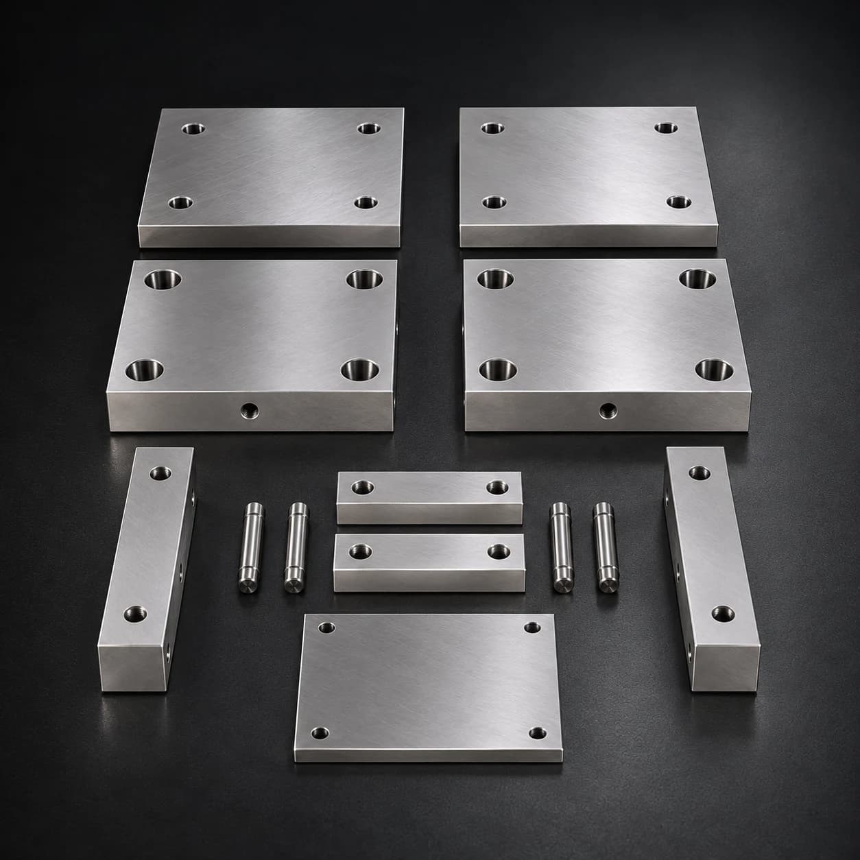 Ground steel clamp and working plates, paired risers, ejector plates and support pins arranged on a dark graphite floor