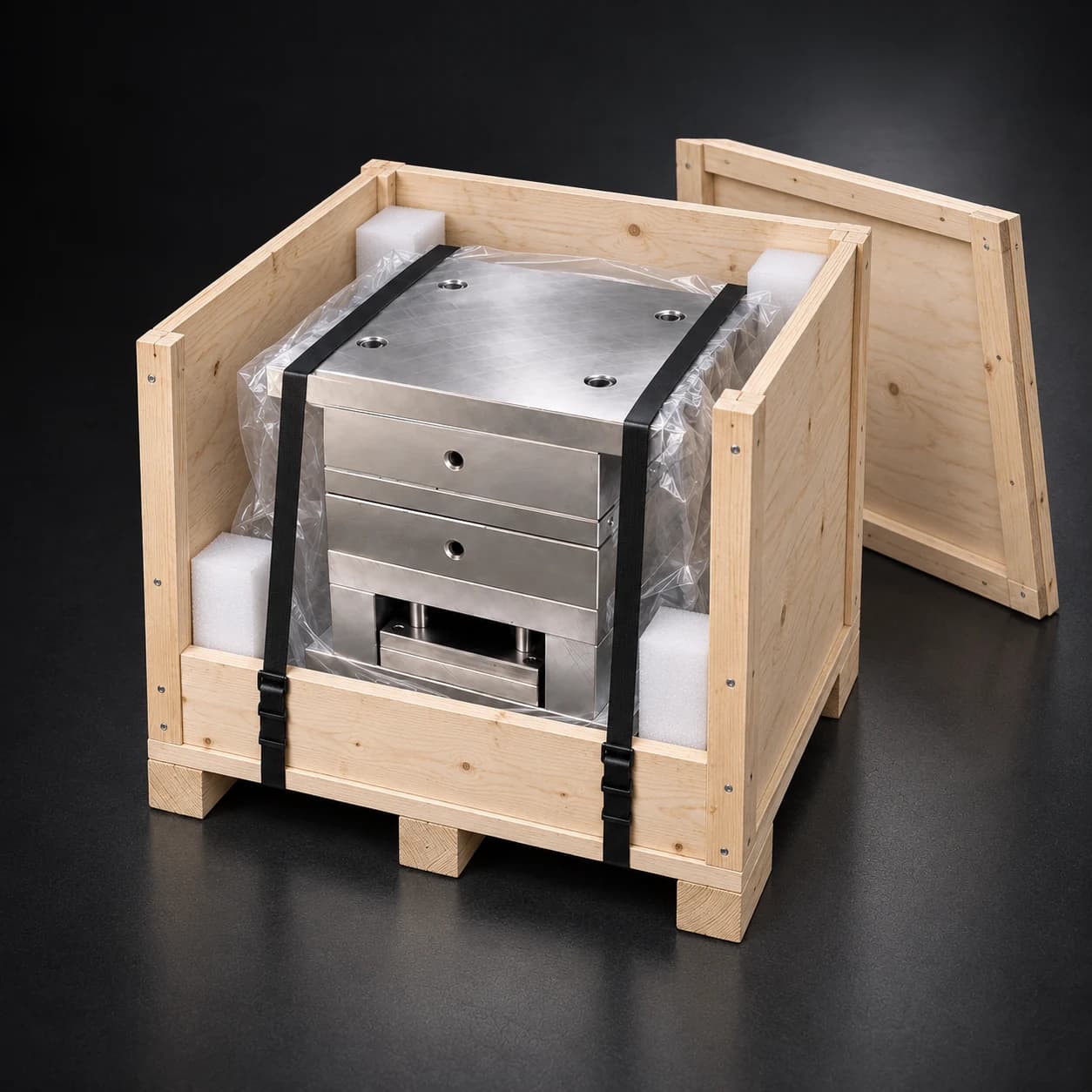 Finished mold base wrapped in clear film and secured with black straps and foam cushioning inside an open wooden crate
