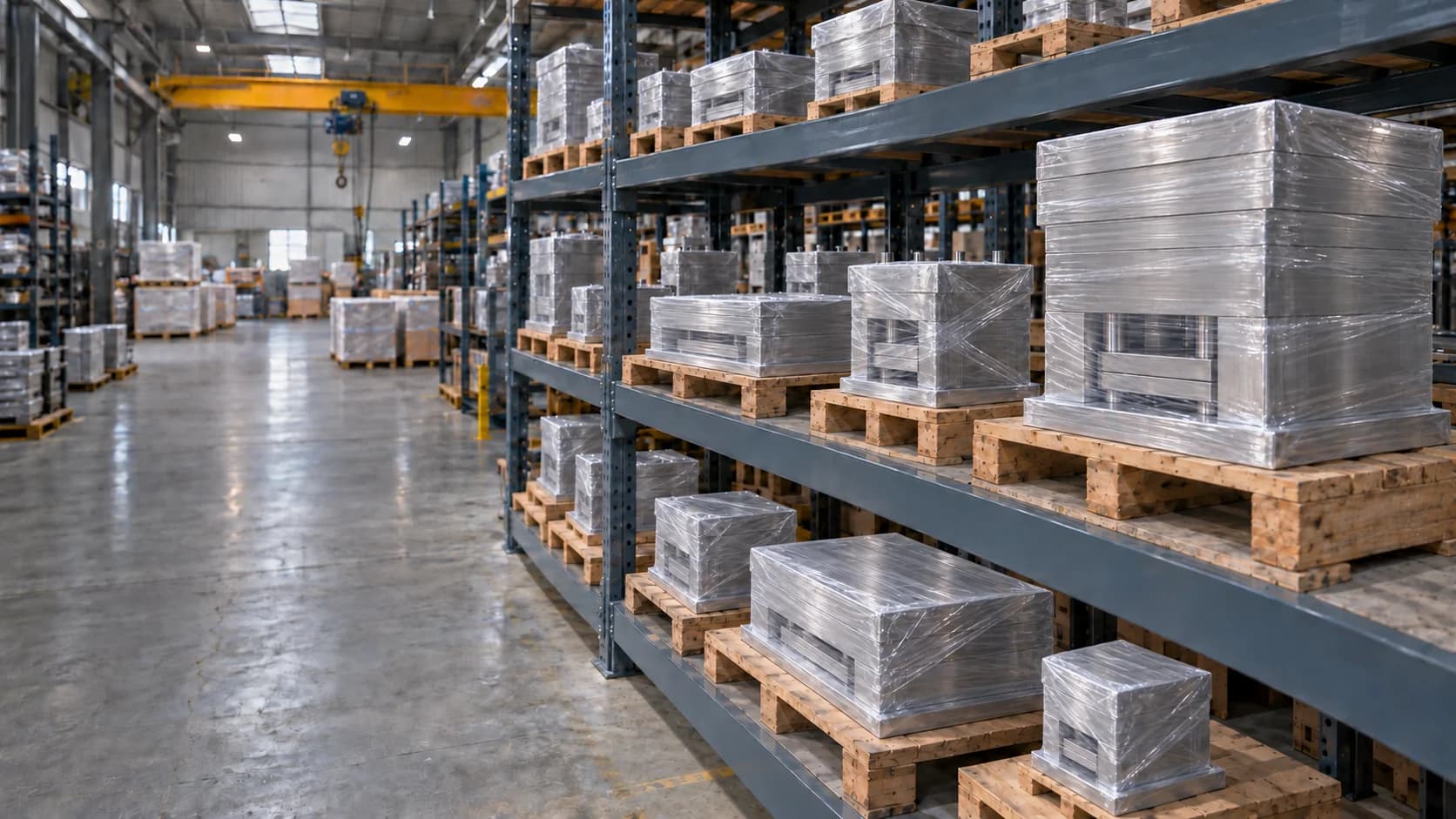 Mold bases individually wrapped in protective film and organised on warehouse racks for delivery