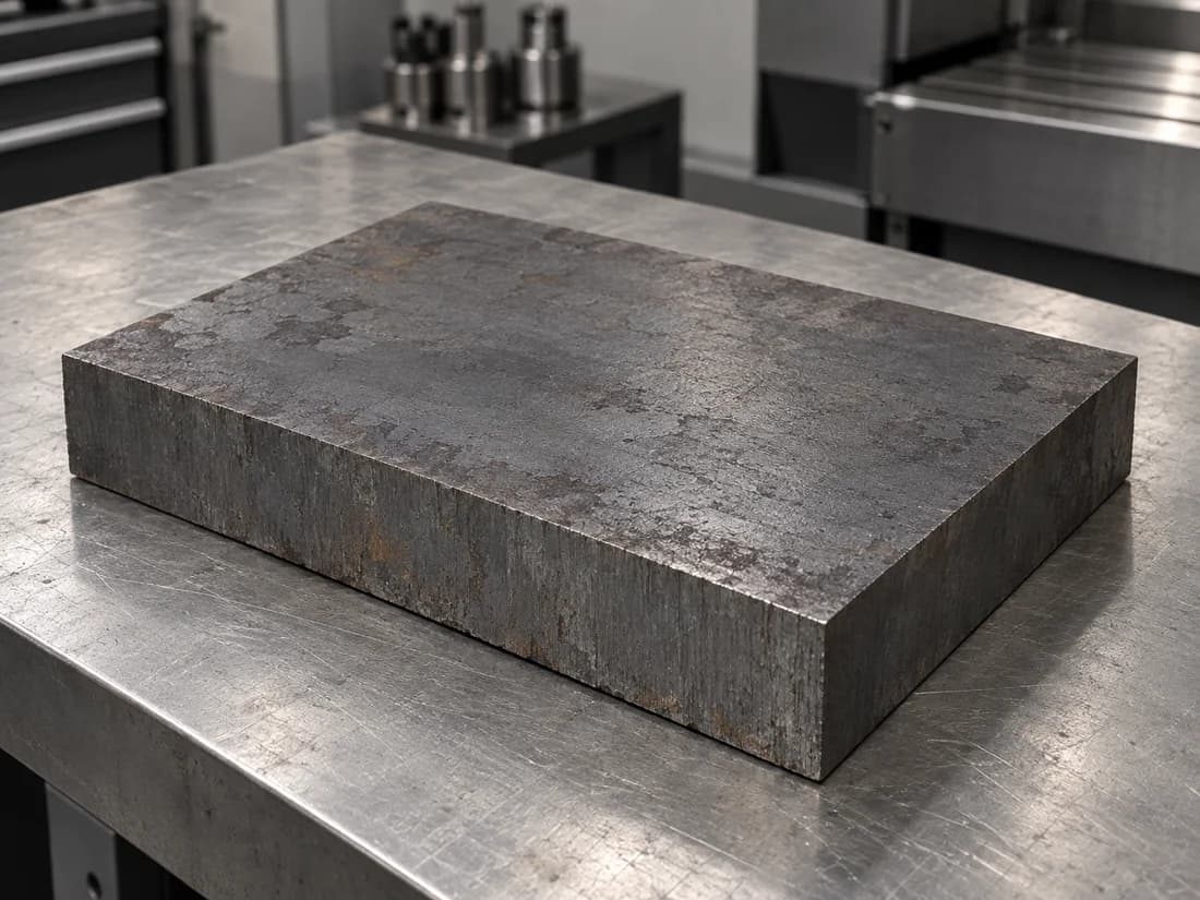 Raw rectangular steel stock on a workshop bench