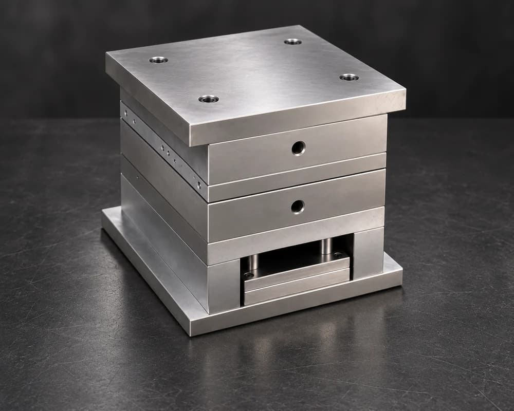 An assembled steel mold base with a lower ejector assembly
