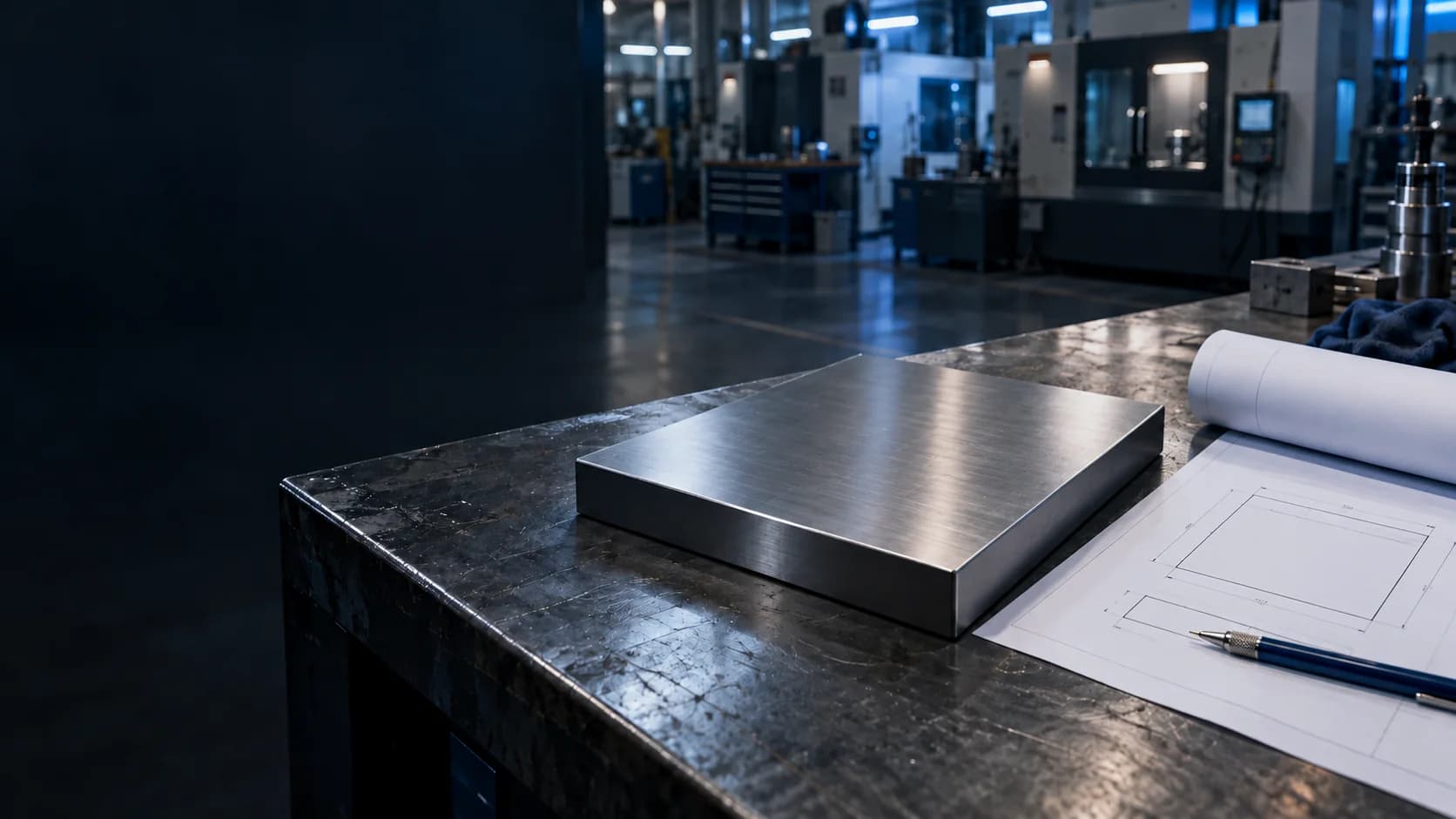 Finished steel plate and an engineering drawing on a workshop bench