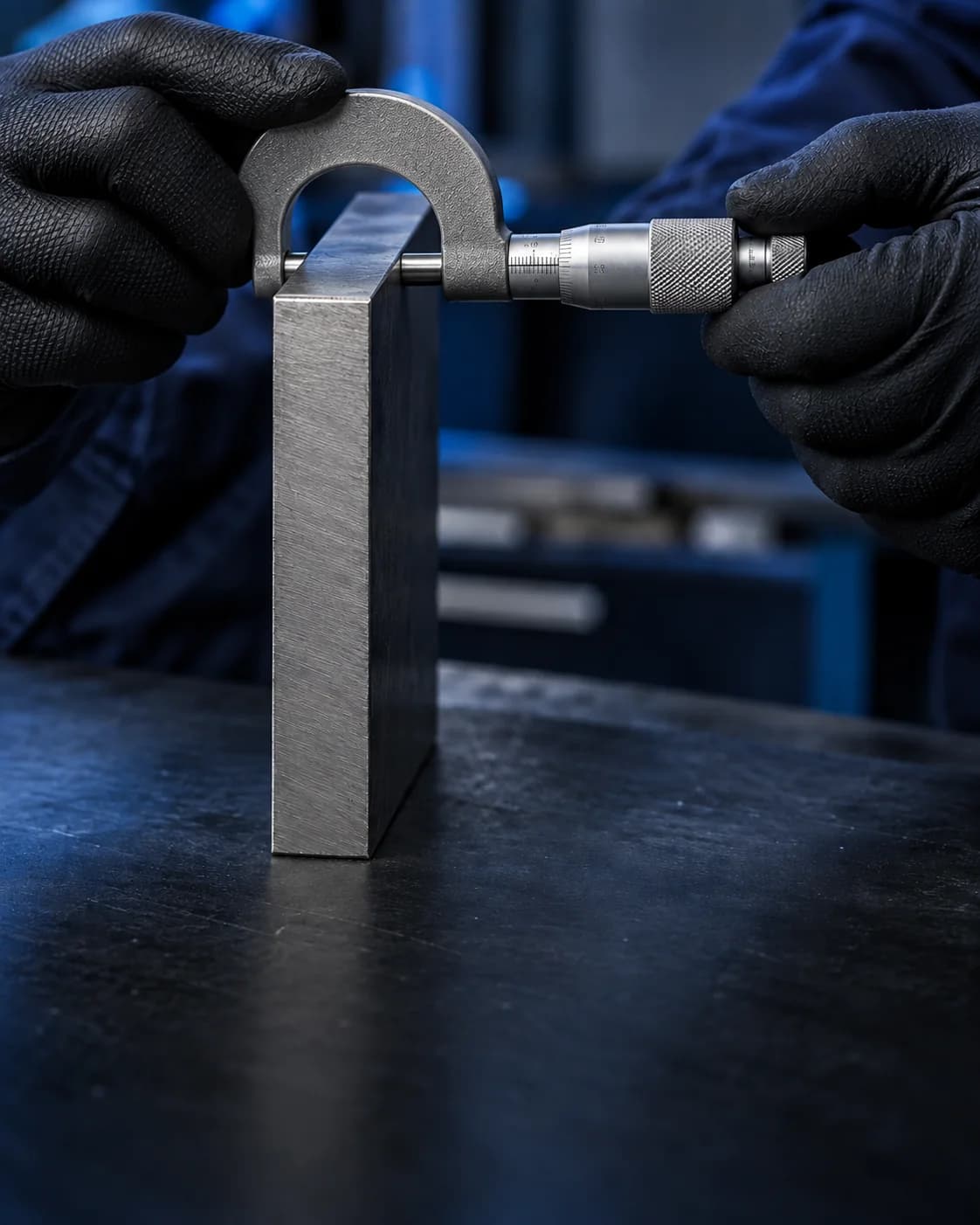 A micrometer measuring the thickness of a steel plate
