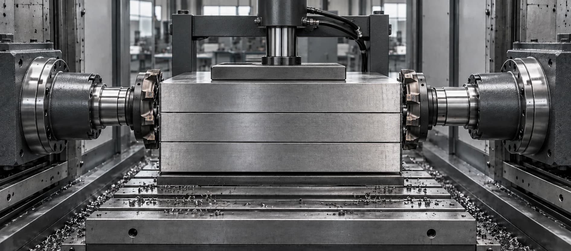 Opposing duplex milling cutters shaping the edges of steel plates