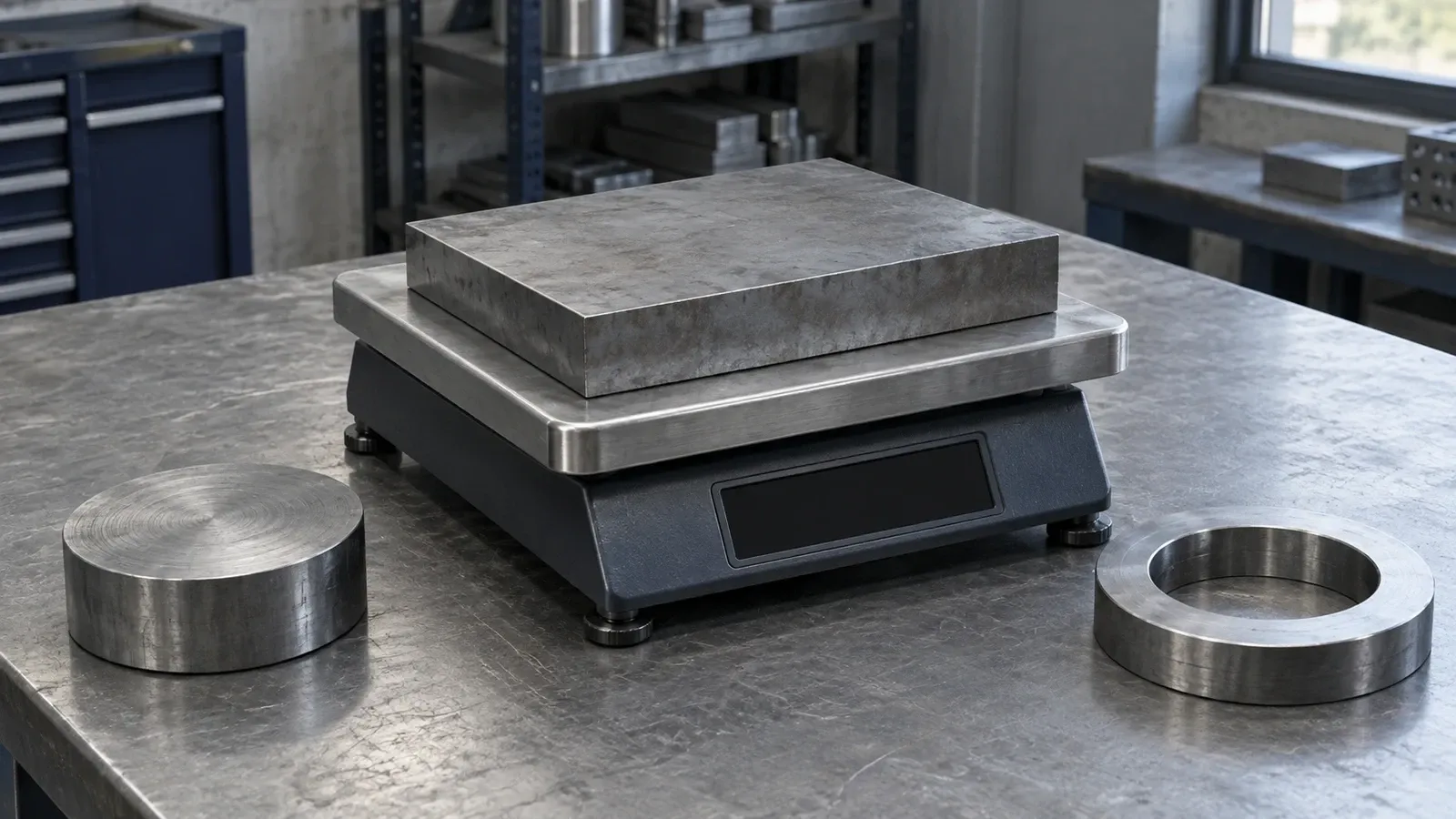 Illustration of a rectangular plate on a weighing scale with a round plate and ring beside it