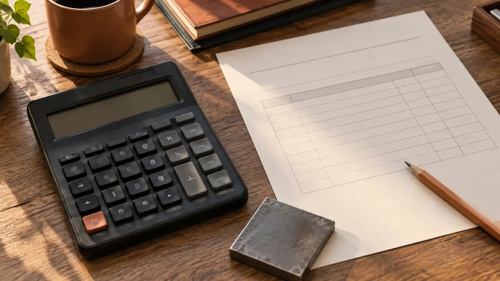 Original illustration of a blank quotation sheet, calculator and single steel sample for finished-piece costing