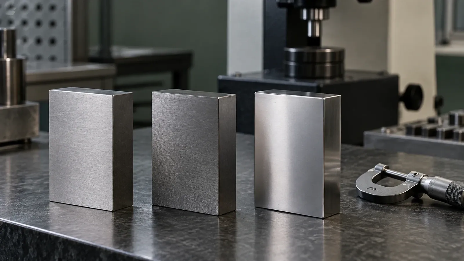 Illustrative steel sample blocks with different finishes in front of inspection equipment