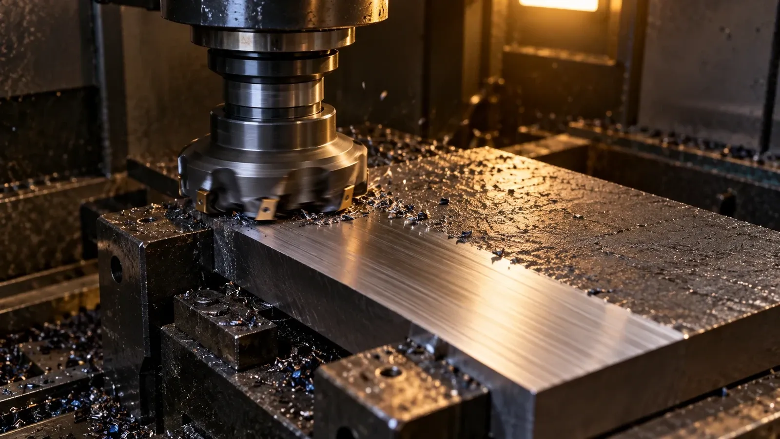 Original illustration of a steel plate being face-milled from rough stock to an intermediate size
