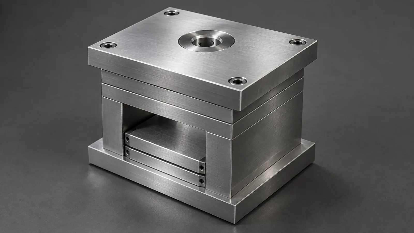Original realistic render of an assembled steel mold base with contacting upper plates, side risers and ejector plates inside the lower opening
